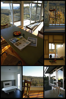 Living space montage with view to trees.